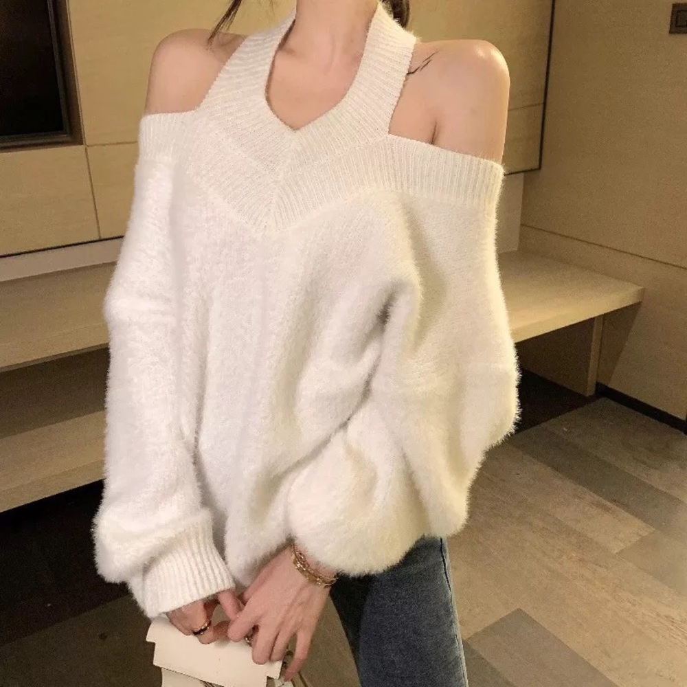 Sweater dress shirt halter reversible style white womens off shoulder - Picture 3 of 16